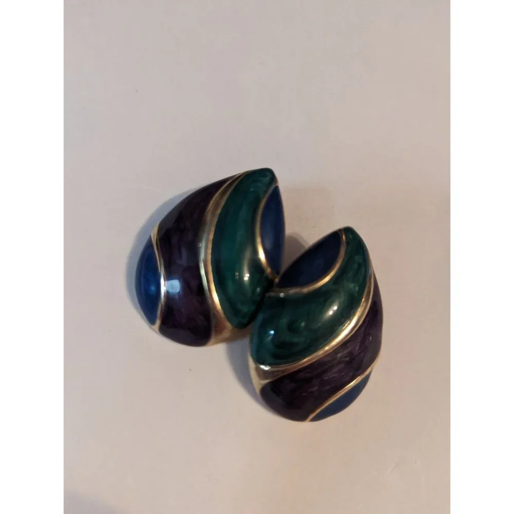 Necklace & Earring set Gold Tone‎ blue purple green herringbone style enameled